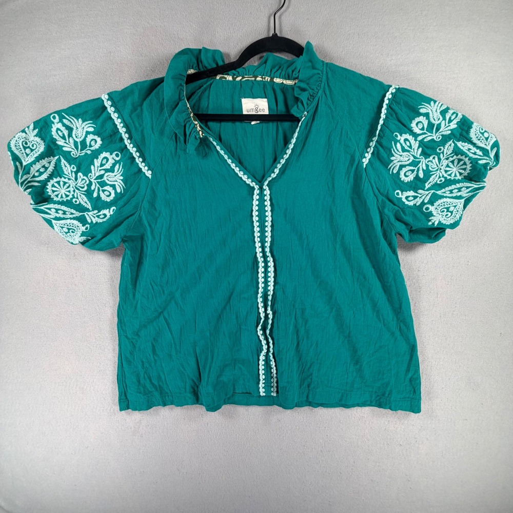 Umgee Embroidered Peasant Blouse Women L Teal Puff Sleeve Boho Folk Style Cotton